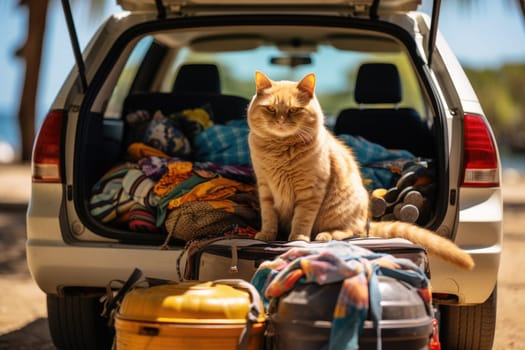 Funny cat going on vacation, cat travel concept, AI Generative.