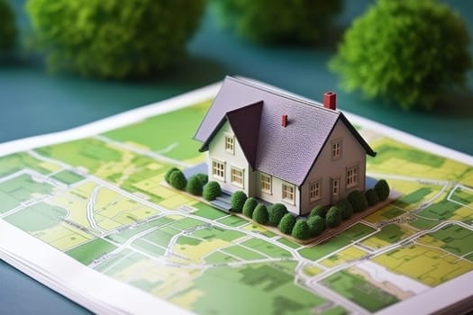 Photo of Small house model on map brochure paper.