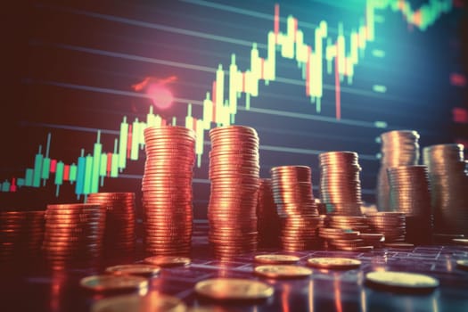 Financial graph with stock market uptrend line graph and background of coins.
