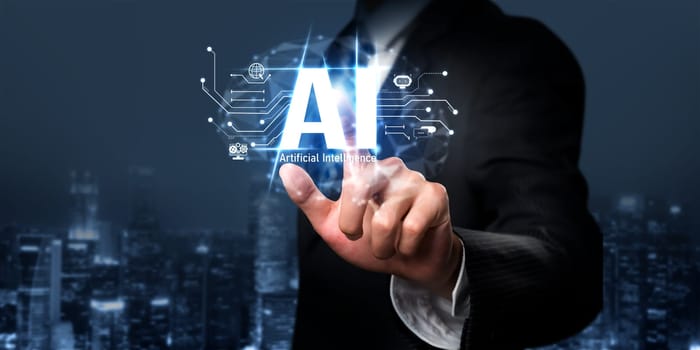 Human interact with AI artificial intelligence brain processor in concept of AI artificial intelligence engineering, big data and AI machine learning to use generative AI for business support. NLP.