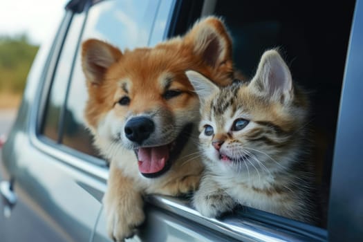Happy dog and cat together in car looking out of the window. summer vocation travel.