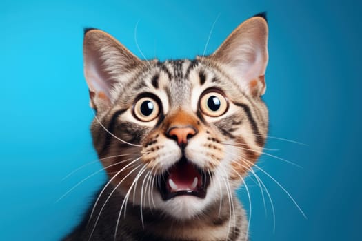 Funny surprised cat studio shot isolated bright color background.