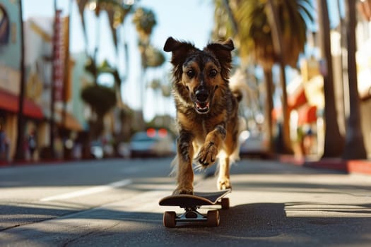 Skateboarding dog. Funny dog rides skateboard on the street in summer city.