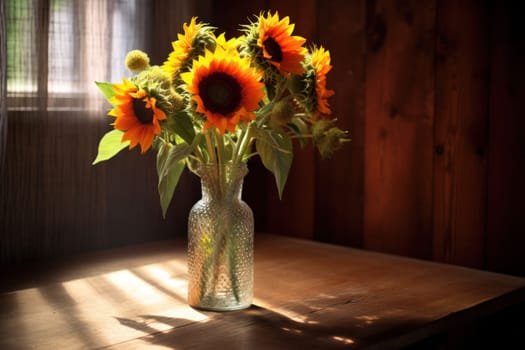 A rustic wooden table with a bouquet of vibrant sunflowers placed in a glass.