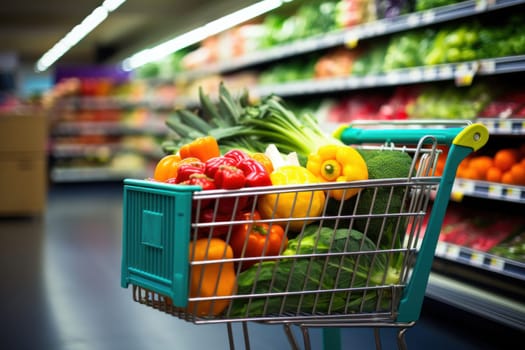 Shopping cart in grocery store full of fruits and vegetables.