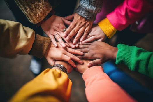 Many hands of different races and ethnicities. United for equality, team work, no room for racism.