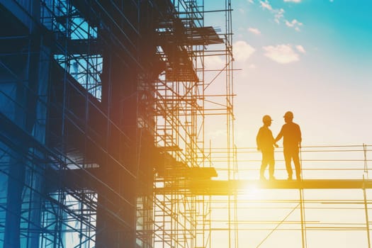 Silhouette of construction workers on the construction site at sunset.