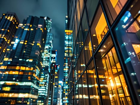 Business building city night view, Modern Office Building Illuminated at Night.