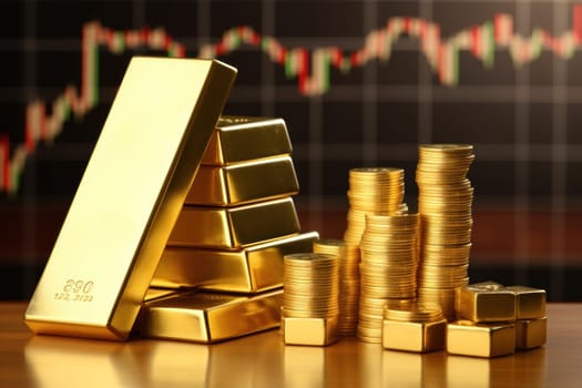 Gold bar resting investment on a stocks graph representing, AI Generative.