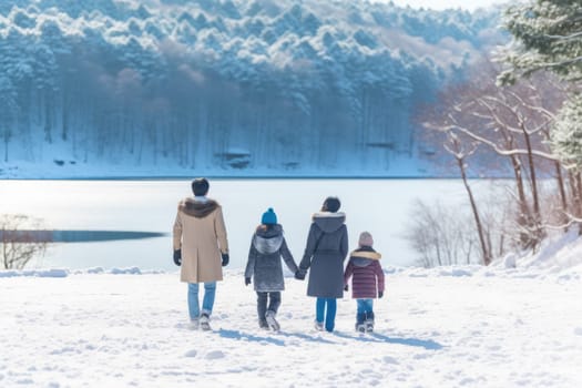 family walking together in a landscape covered with wonderful snow, AI Generative.