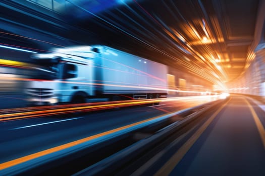 Truck with container on highway, cargo transportation concept. Fast delivery, blurred motion.