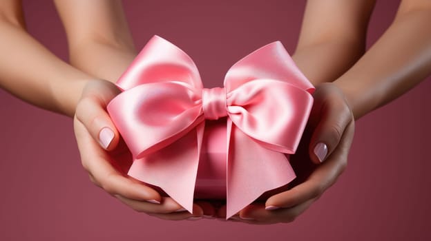 World Cancer Day, breast cancer awareness, Hands catching a pink bow on a pink background, AI Generative.