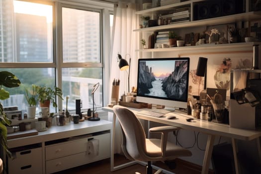 A modern work space desk with a computer Generative AI.