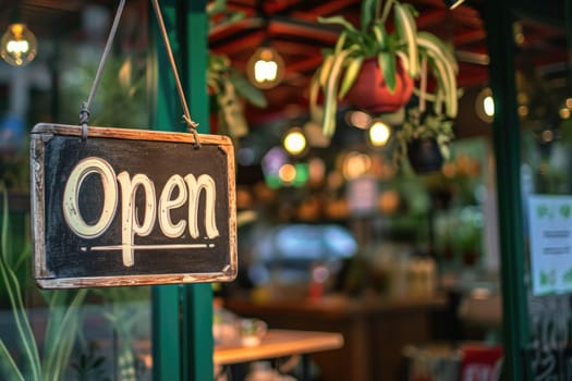 OPEN Sign board on cafe or restaurant hang on door at entrance, Vintage color tone style..