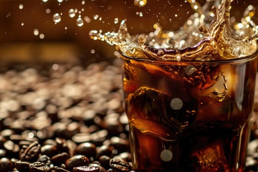 Cold coffee drink with ice, Beans and splash, Close up banner.