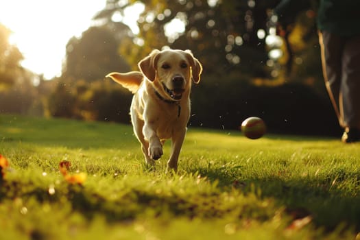 A friendly Dog happily plays fetch with its owner in a lush green park, friendship with animals.