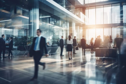 motion blur image of business people crowd walking at corporate office.