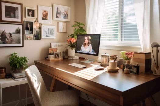 A modern work space desk with a computer Generative AI.