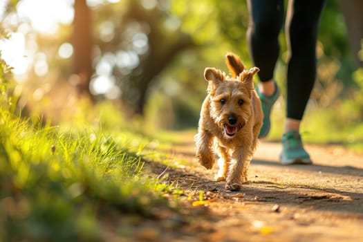 A person jogging with their dog as a fun way to exercise.