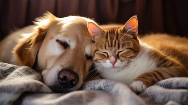 Close up cat and dog together lying, AI Generative.