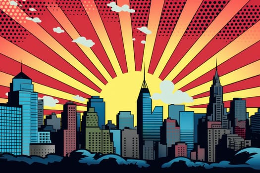 comic retro pop art style sunrise in the city.