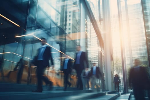 Blurred business people walking up and down stair outside office in fast movement.