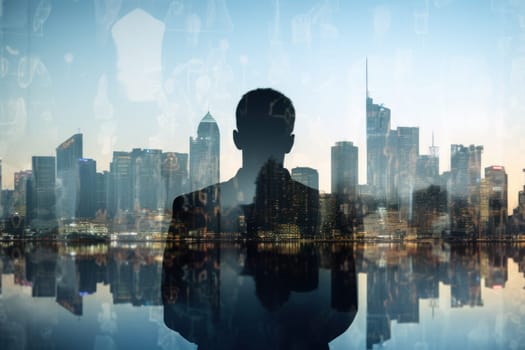 Business background, businessman double exposure effect and city buildings illustration.