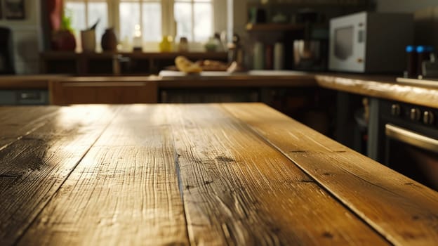 Empty table in modern kitchen interior, Empty wooden counter table top for product display.