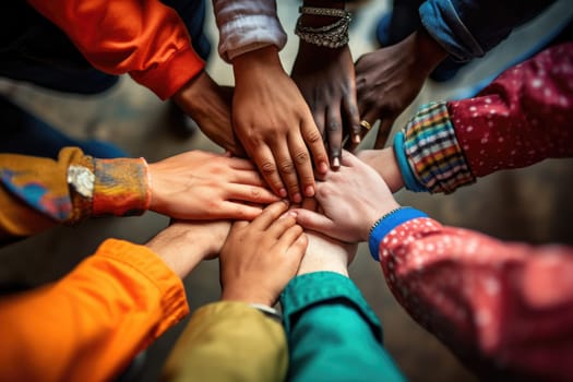 Many hands of different races and ethnicities. United for equality, team work, no room for racism.