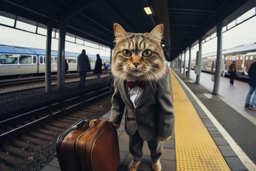 Funny cat going on vacation, cat travel concept, AI Generative.