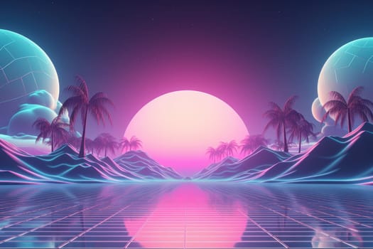 Retro Wave Music Festival Aesthetic scenery background, Retro futuristic 90s Style background.