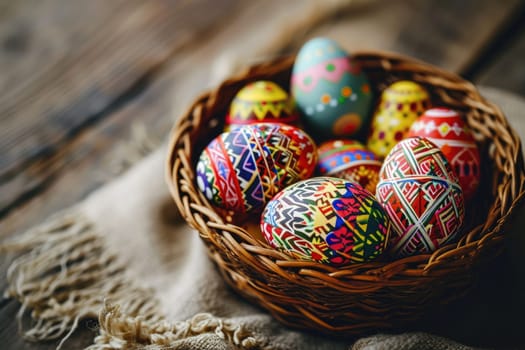 Colorful Easter eggs in basket, Easter background with copy space, Happy Easter day.