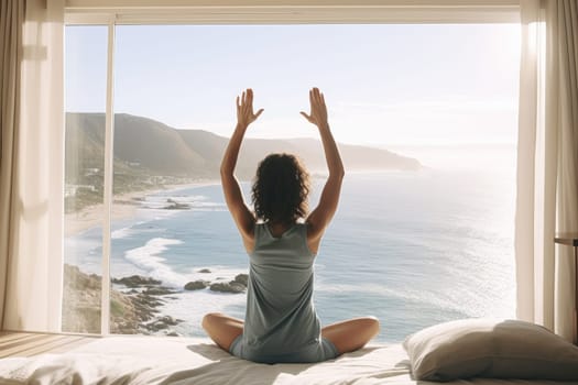 Back view of woman raised her arms for stretching in bed after wake up in the morning AI Generative.