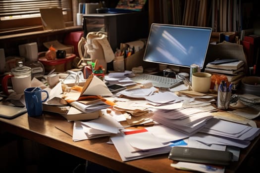 Photo of Messy work desk ,Messy and cluttered desk.