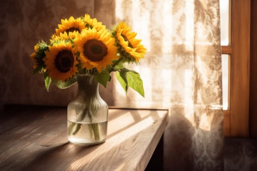 A rustic wooden table with a bouquet of vibrant sunflowers placed in a glass.