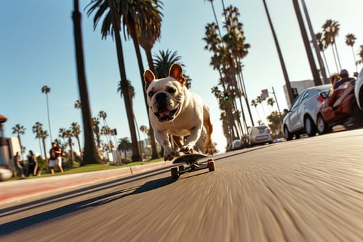 Skateboarding dog. Funny dog rides skateboard on the street in summer city.