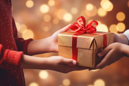 Hands of parent giving Christmas gift on Christmas tree background.