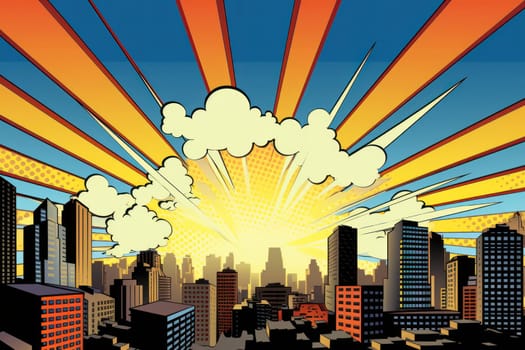 comic retro pop art style sunrise in the city.