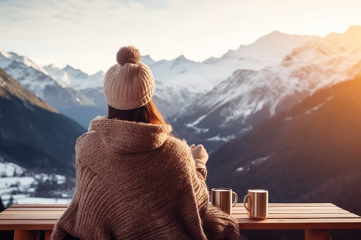 woman on a terrace with the snow mountains view, AI Generative.