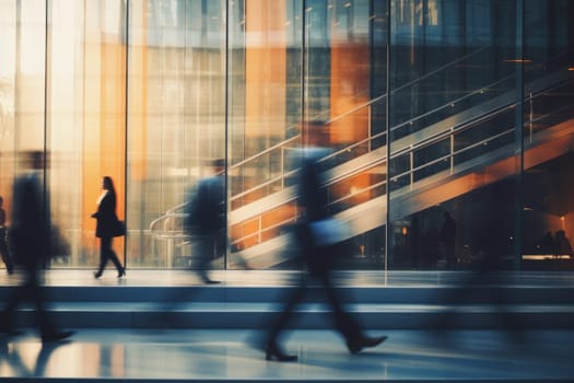 Blurred business people walking up and down stair outside office in fast movement.