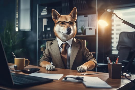 dog in a suit and tie works in the office, animal theme, AI Generative.