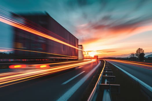 Truck with container on highway, cargo transportation concept. Fast delivery, blurred motion.