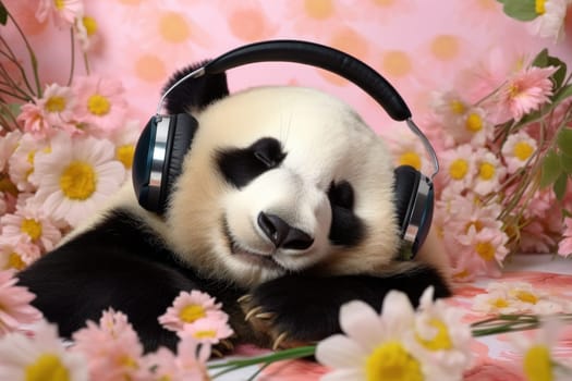 photography of a happy and relaxed big Panda with closed Eyes wearing Headphones, AI Generative.