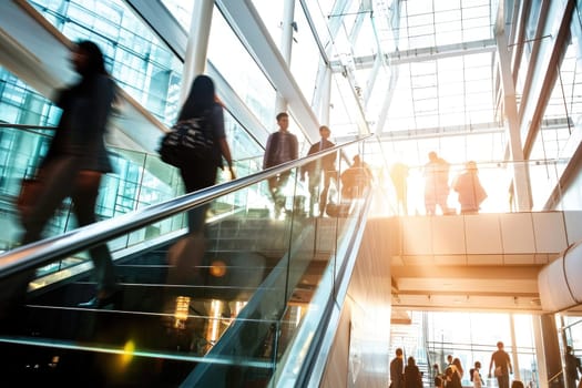 Blurred business people walking up and down stair outside office in fast movement.