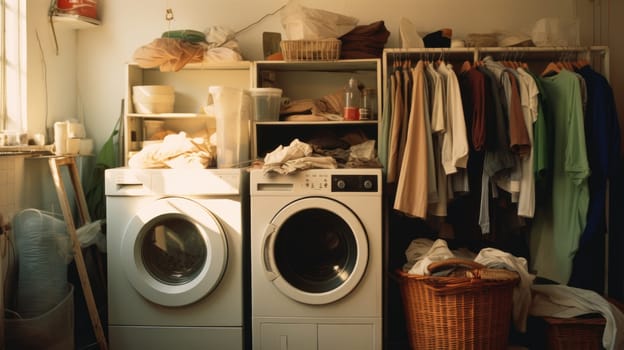 Messy Laundry room, minimal style with sunlight, AI Generative.