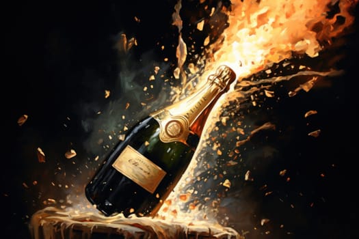 Champagne bottle and wine glass illustration.