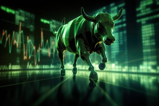 Double exposure of a silhouette bull run and uptrend chart, the bull market is rising.