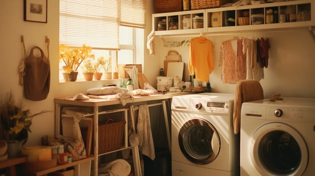 Messy Laundry room, minimal style with sunlight, AI Generative.