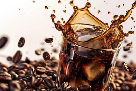 Cold coffee drink with ice, Beans and splash, Close up banner.
