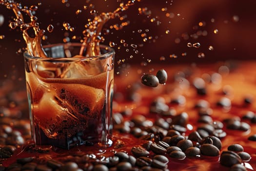Cold coffee drink with ice, Beans and splash, Close up banner.